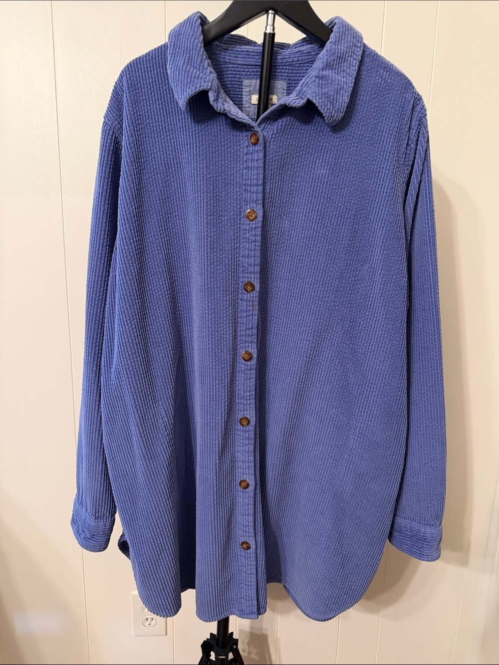 L.L. Bean Corduroy Button-Down Shacket in Periwinkle Long Shirttail Style